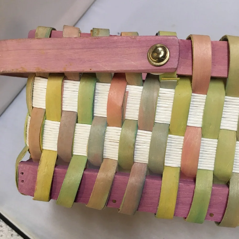 Woven Wood Basket Home Decor Small Multicolor Pastel Spring Swing Handle